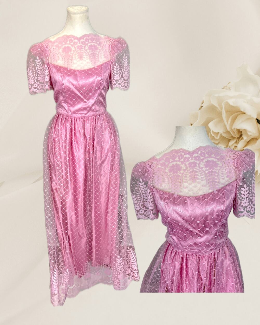 Vintage 70s Pink Regency Cottagecore Satin Lace Maxi Prom Dress Size 7/8